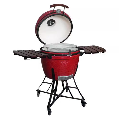 24 In. Kamado Ceramic Charcoal Grill in Red with Cart and Side-Wings