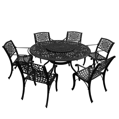 7pc Round Patio Dining Set with Lazy Susan, Six Chairs