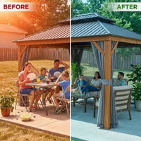 12 Ft. X 16 Ft. Double Roof Hardtop Wood Grain Aluminum Patio Gazebo with Netting and Gray Curtains — Before & After