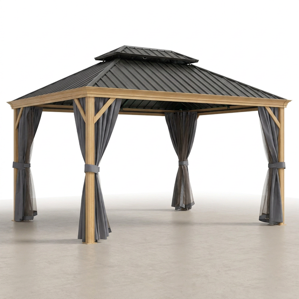12 Ft. X 16 Ft. Double Roof Hardtop Wood Grain Aluminum Patio Gazebo with Netting and Gray Curtains — Studio Shot