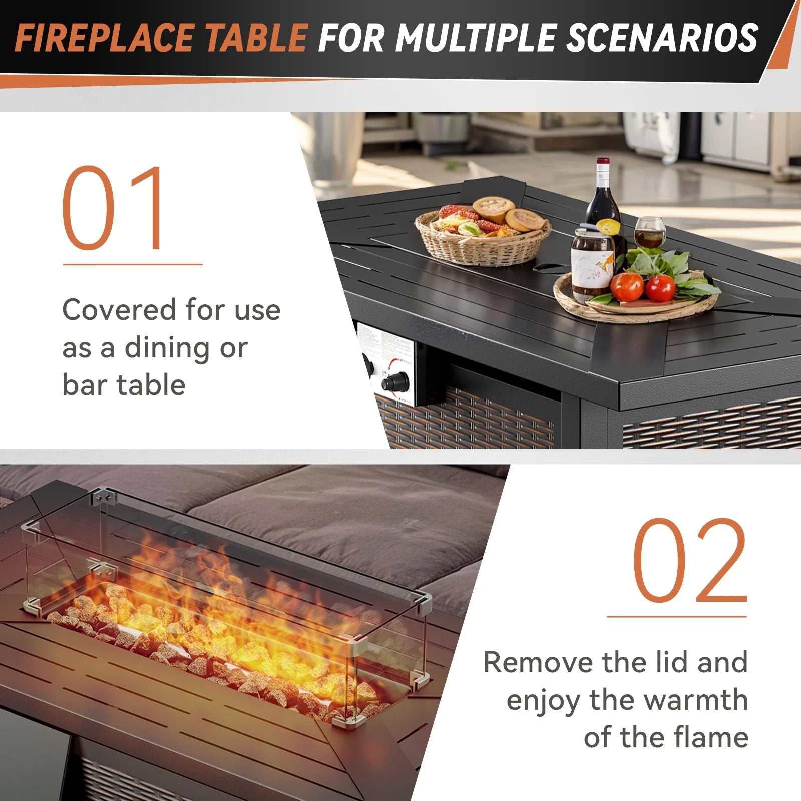 7-Piece Outdoor Patio Furniture Set with Fire Pit Table, Brown Rattan Wicker and Beige Cushions