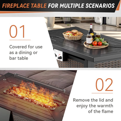 7-Piece Outdoor Patio Furniture Set with Fire Pit Table, Brown Rattan Wicker and Beige Cushions