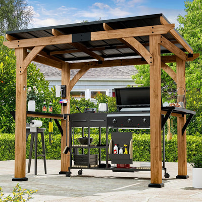 6×8 Cedar Wood Grill Gazebo with USB Charging Power Strip, Galvanized Steel Roof, Storage Shelves, Hooks & Paper Towel Holder – Modern Shade BBQ Gazebo