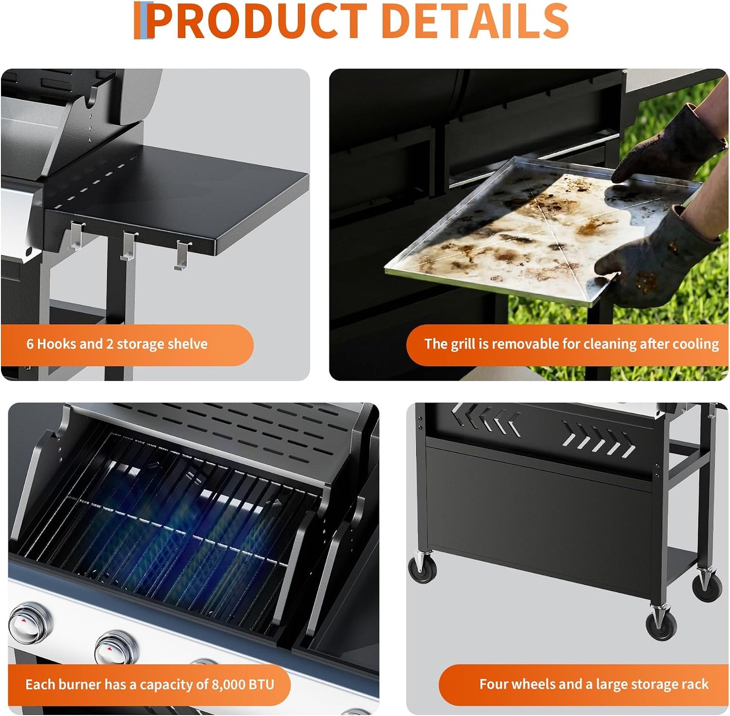 Grills 5 Burner Propane Gas Grill & Griddle Combo 40,000 BTU Stainless Steel Outdoor Patio Barbecue Grill Propane Gas with Removable Cart Portable Griddle for Outdoor Cooking, BBQ, Camping, Backyard
