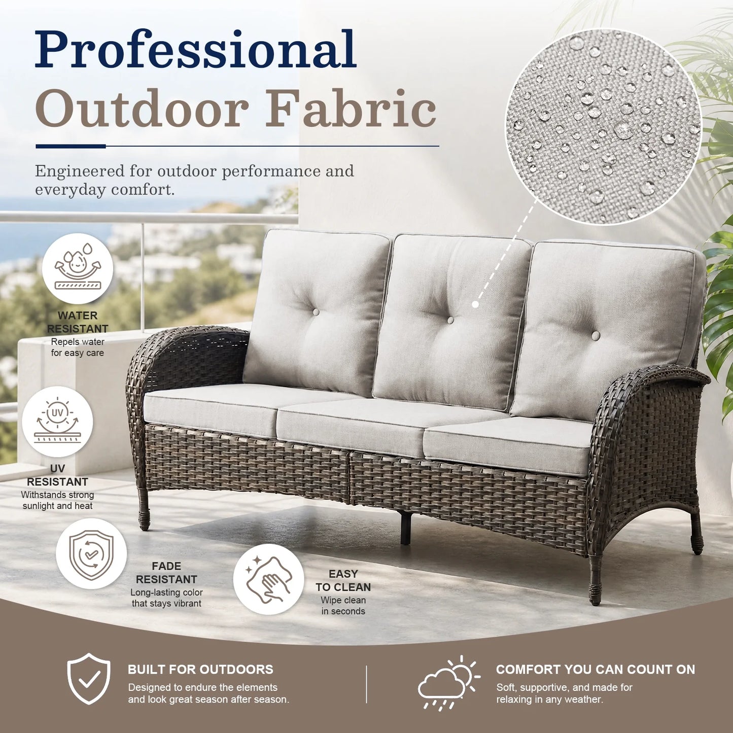 7-Piece Outdoor Patio Furniture Set with Fire Pit Table, Brown Rattan Wicker and Beige Cushions