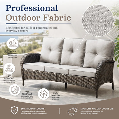 7-Piece Outdoor Patio Furniture Set with Fire Pit Table, Brown Rattan Wicker and Beige Cushions