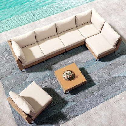 Outdoor Patio Furniture, 7 Piece Outdoor Sectional Sofa PE Rattan Wicker Patio Conversation Sets, All Weather Patio Furniture Set with Thick Cushions for Garden, Backyard(Beige)