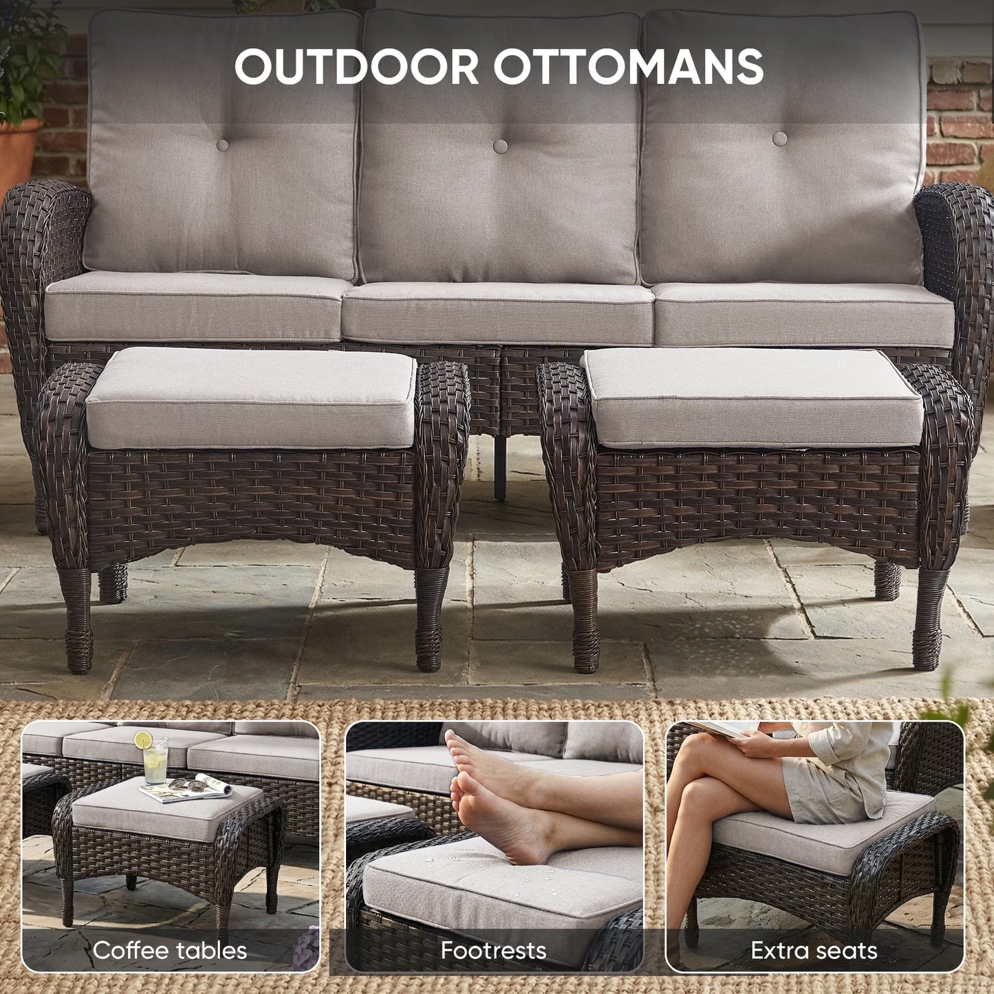 7-Piece Outdoor Patio Furniture Set with Fire Pit Table, Brown Rattan Wicker and Beige Cushions