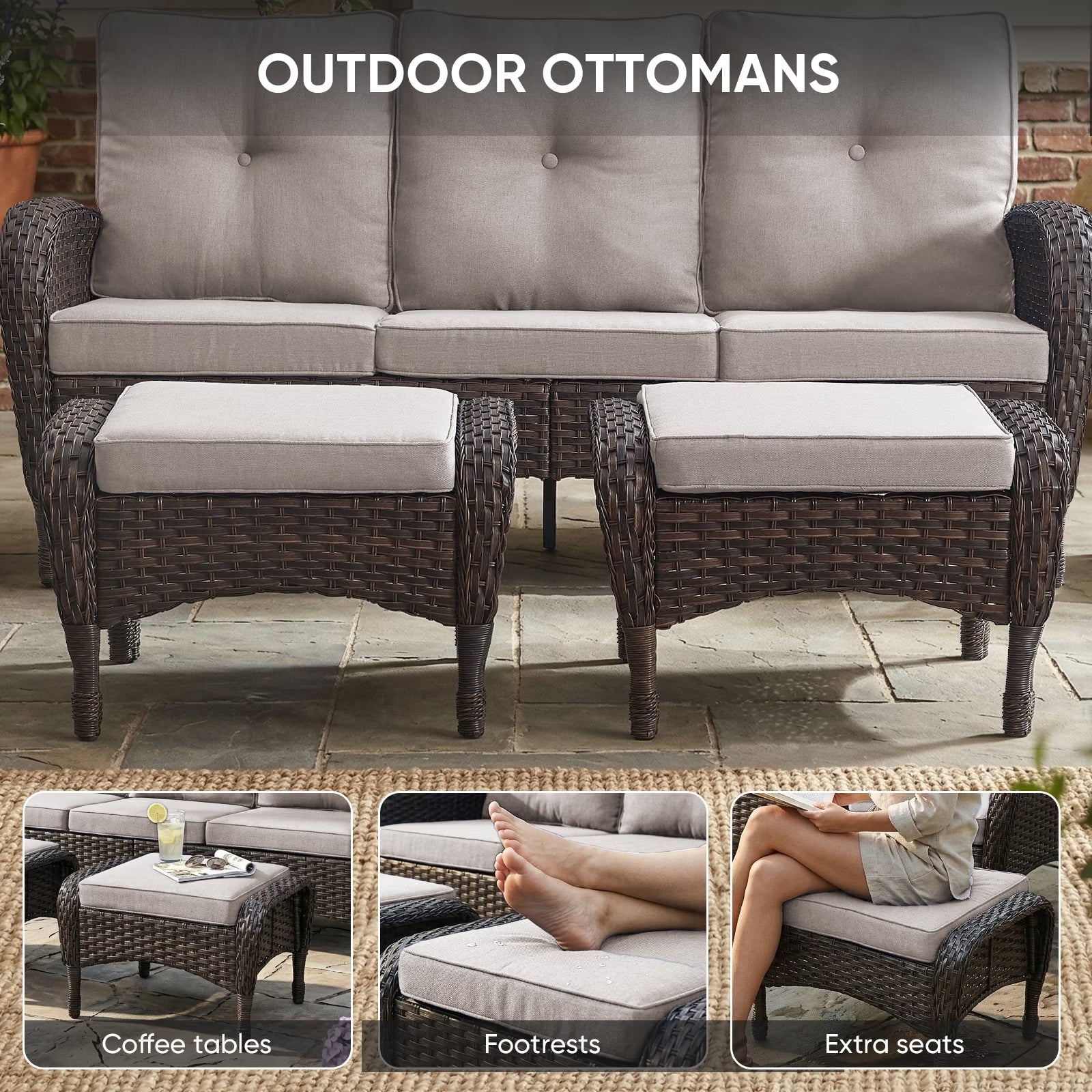 7-Piece Outdoor Patio Furniture Set with Fire Pit Table, Brown Rattan Wicker and Beige Cushions