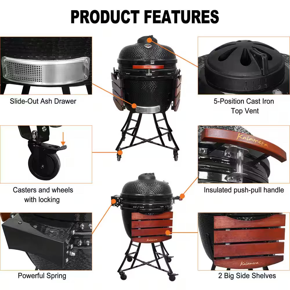 24 In. Kamado Ceramic Charcoal Grill in Black with Cart and Side-Wings