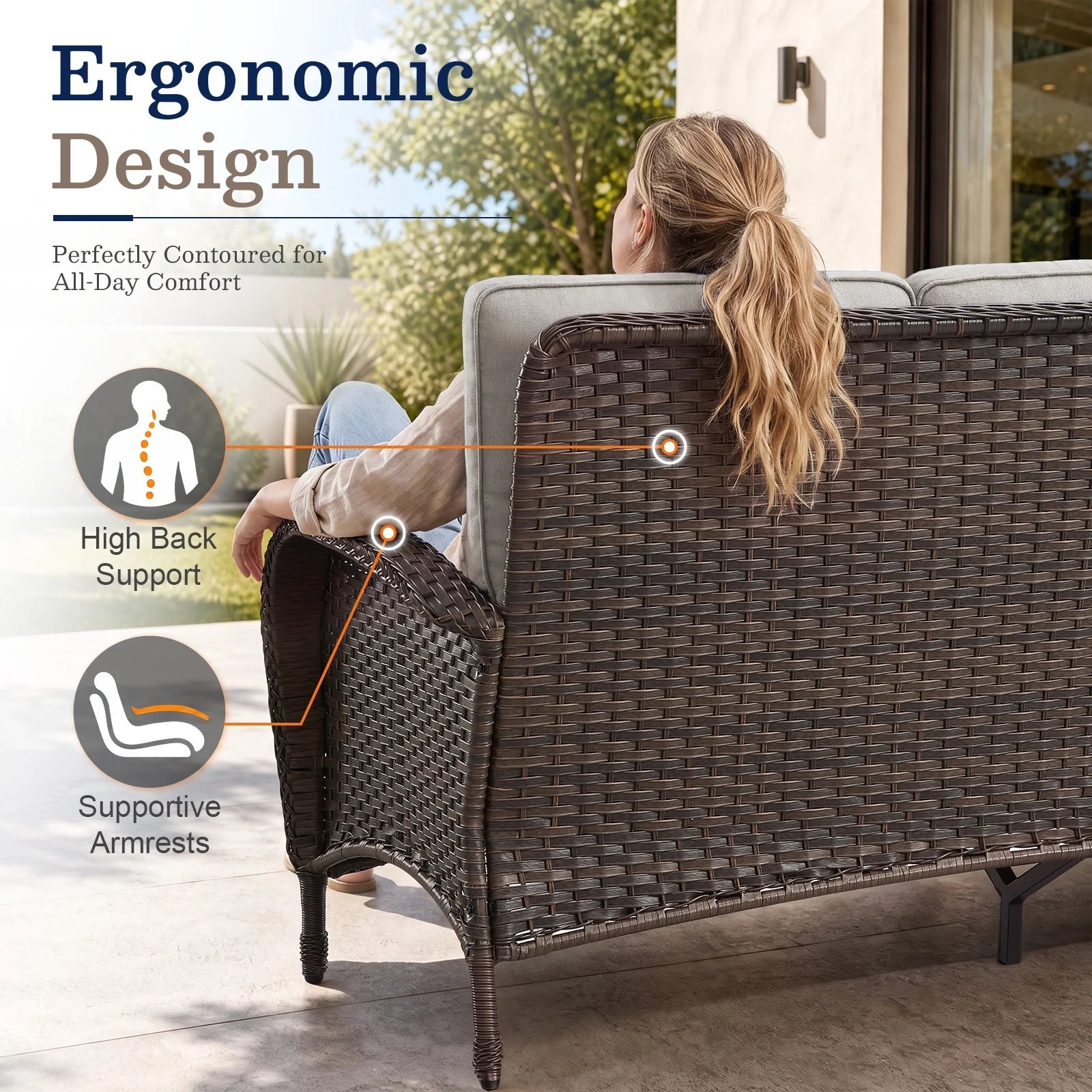 7-Piece Outdoor Patio Furniture Set with Fire Pit Table, Brown Rattan Wicker and Beige Cushions