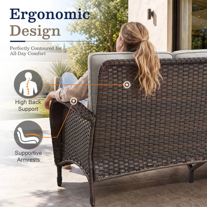 7-Piece Outdoor Patio Furniture Set with Fire Pit Table, Brown Rattan Wicker and Beige Cushions