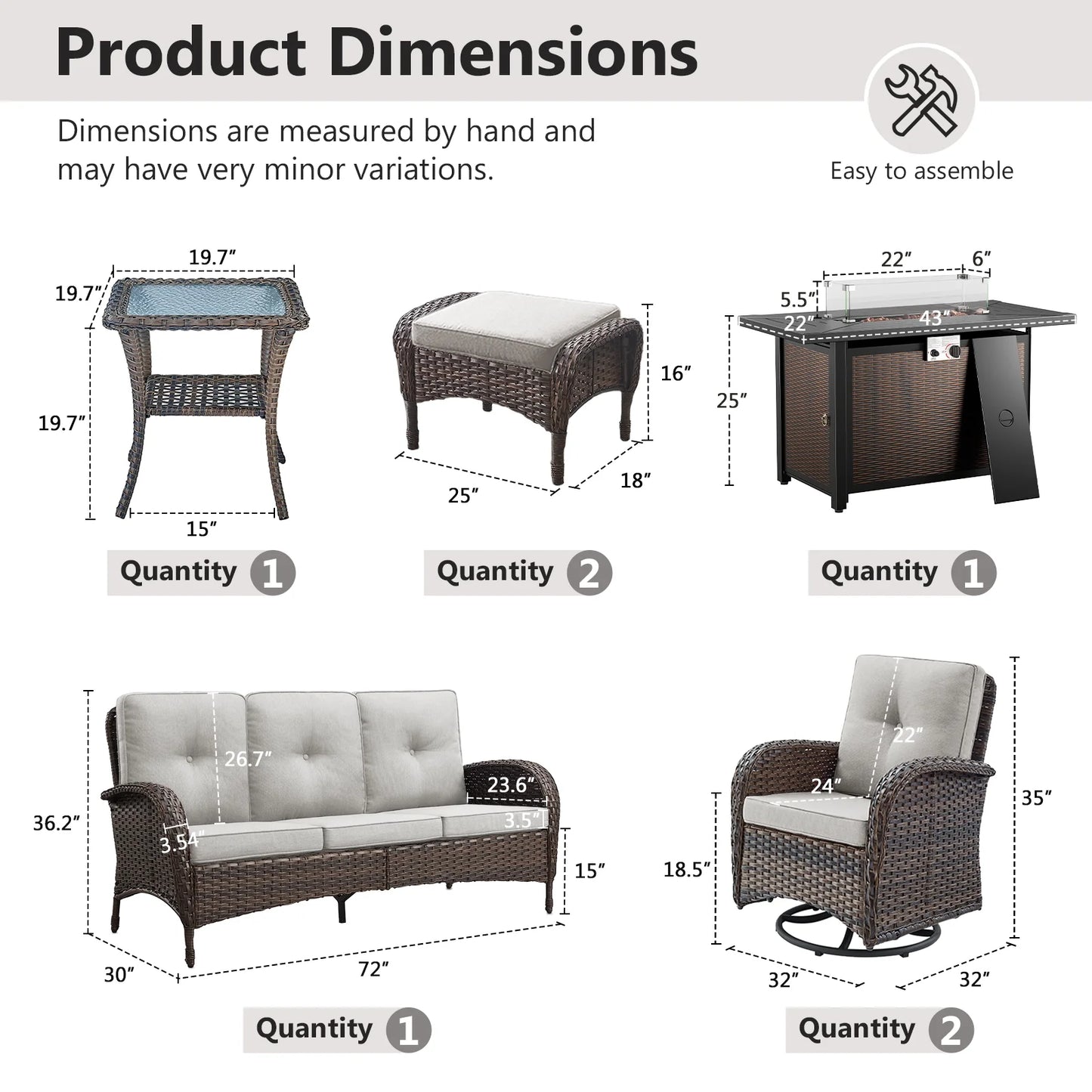 7-Piece Outdoor Patio Furniture Set with Fire Pit Table, Brown Rattan Wicker and Beige Cushions