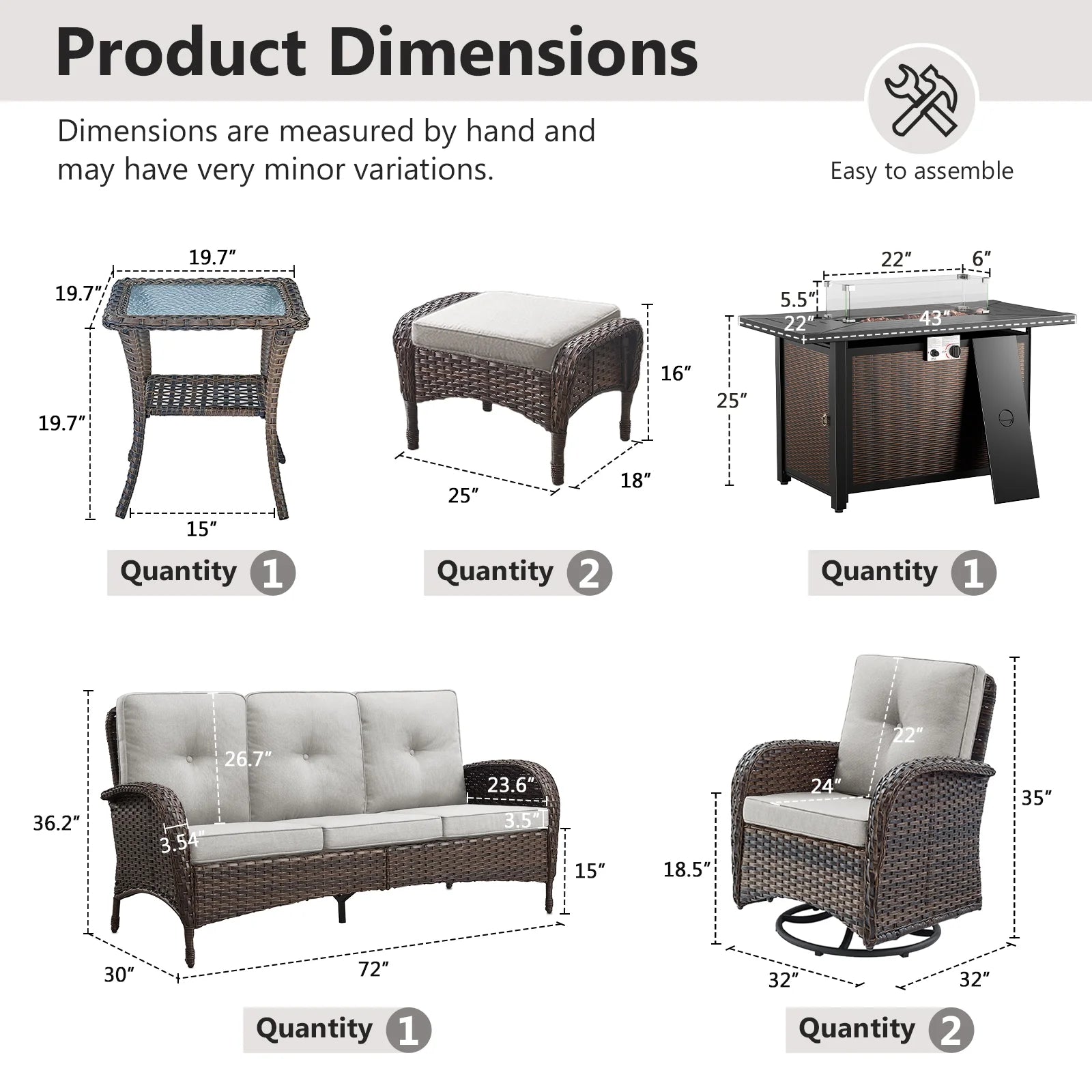 7-Piece Outdoor Patio Furniture Set with Fire Pit Table, Brown Rattan Wicker and Beige Cushions