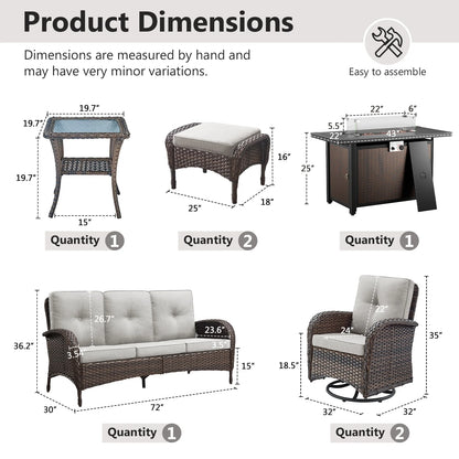 7-Piece Outdoor Patio Furniture Set with Fire Pit Table, Brown Rattan Wicker and Beige Cushions