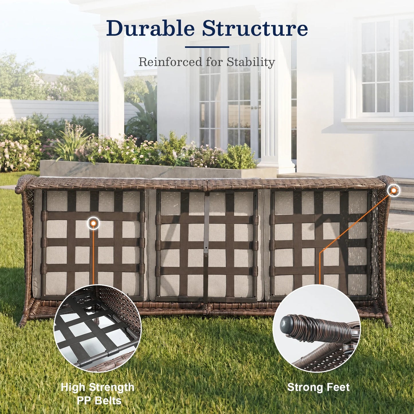7-Piece Outdoor Patio Furniture Set with Fire Pit Table, Brown Rattan Wicker and Beige Cushions