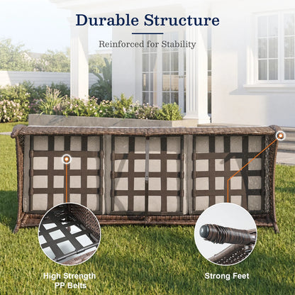 7-Piece Outdoor Patio Furniture Set with Fire Pit Table, Brown Rattan Wicker and Beige Cushions