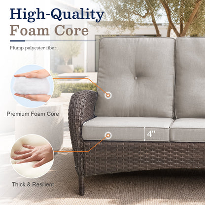 7-Piece Outdoor Patio Furniture Set with Fire Pit Table, Brown Rattan Wicker and Beige Cushions