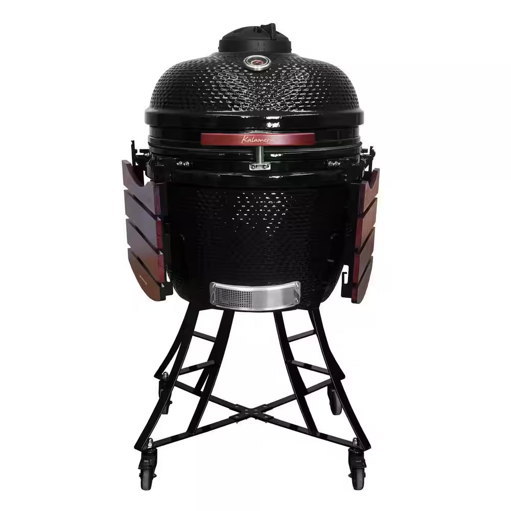 24 In. Kamado Ceramic Charcoal Grill in Black with Cart and Side-Wings