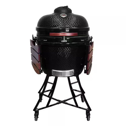 24 In. Kamado Ceramic Charcoal Grill in Black with Cart and Side-Wings
