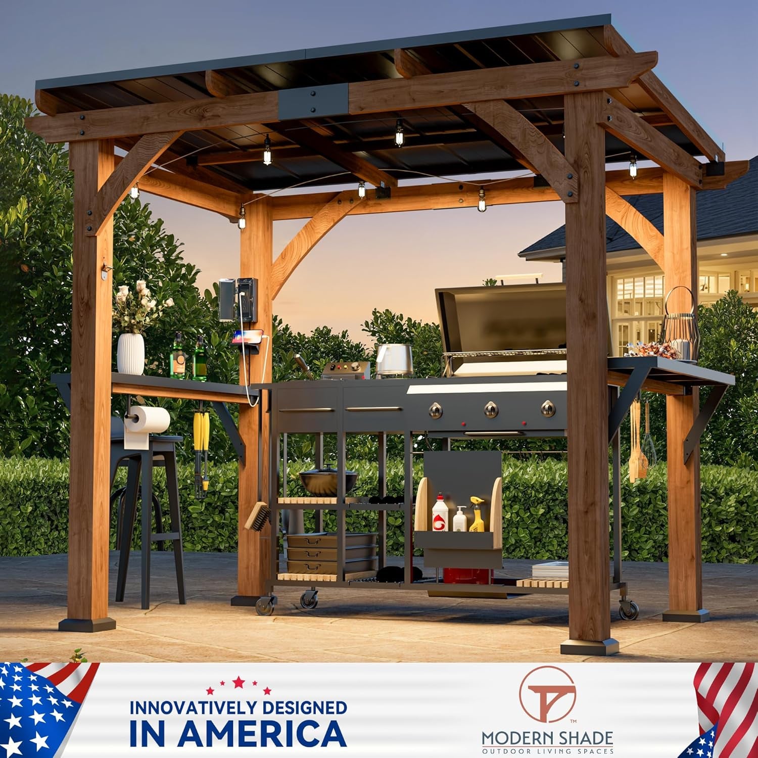 Modern Shade Wood Grill Gazebo 6X8 with USB Charging Power Strip & Shelves | Cedar Wood Gazebo with Galvanized Steel Roof and Paper Towel Holder, Bar Gazebo with Hooks, BBQ Gazebo for Outdoor Grill