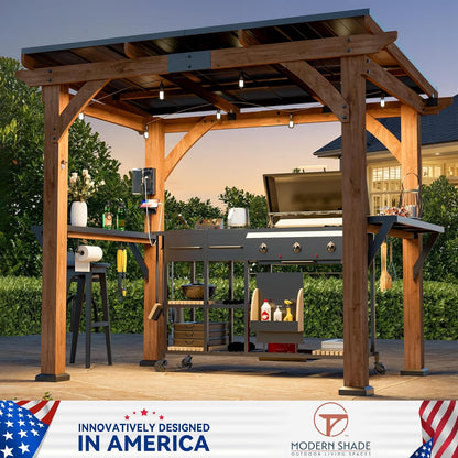 Modern Shade Wood Grill Gazebo 6X8 with USB Charging Power Strip & Shelves | Cedar Wood Gazebo with Galvanized Steel Roof and Paper Towel Holder, Bar Gazebo with Hooks, BBQ Gazebo for Outdoor Grill