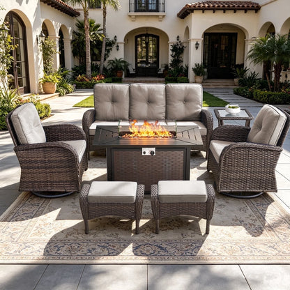 7-Piece Outdoor Patio Furniture Set with Fire Pit Table, Brown Rattan Wicker and Beige Cushions