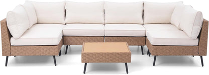 Outdoor Patio Furniture, 7 Piece Outdoor Sectional Sofa PE Rattan Wicker Patio Conversation Sets, All Weather Patio Furniture Set with Thick Cushions for Garden, Backyard(Beige)