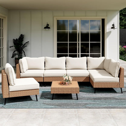 Outdoor Patio Furniture, 7 Piece Outdoor Sectional Sofa PE Rattan Wicker Patio Conversation Sets, All Weather Patio Furniture Set with Thick Cushions for Garden, Backyard(Beige)
