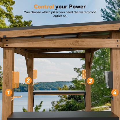 Modern Shade Wood Grill Gazebo 6X8 with USB Charging Power Strip & Shelves | Cedar Wood Gazebo with Galvanized Steel Roof and Paper Towel Holder, Bar Gazebo with Hooks, BBQ Gazebo for Outdoor Grill