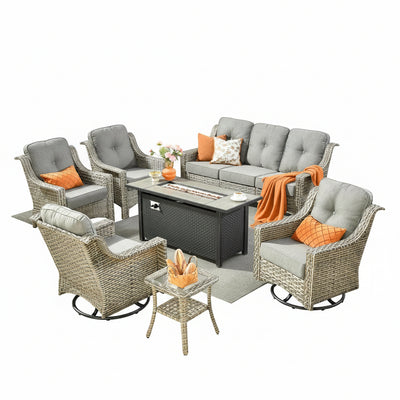 7 PCS Outdoor Patio Furniture Set with Fire Pit Table and Swivel Rocking Chairs,Patio Seating outside Sofa and Chair Set,All Weather Wicker Outdoor Conversation Sets for Yard Porch Deck,Dark Grey
