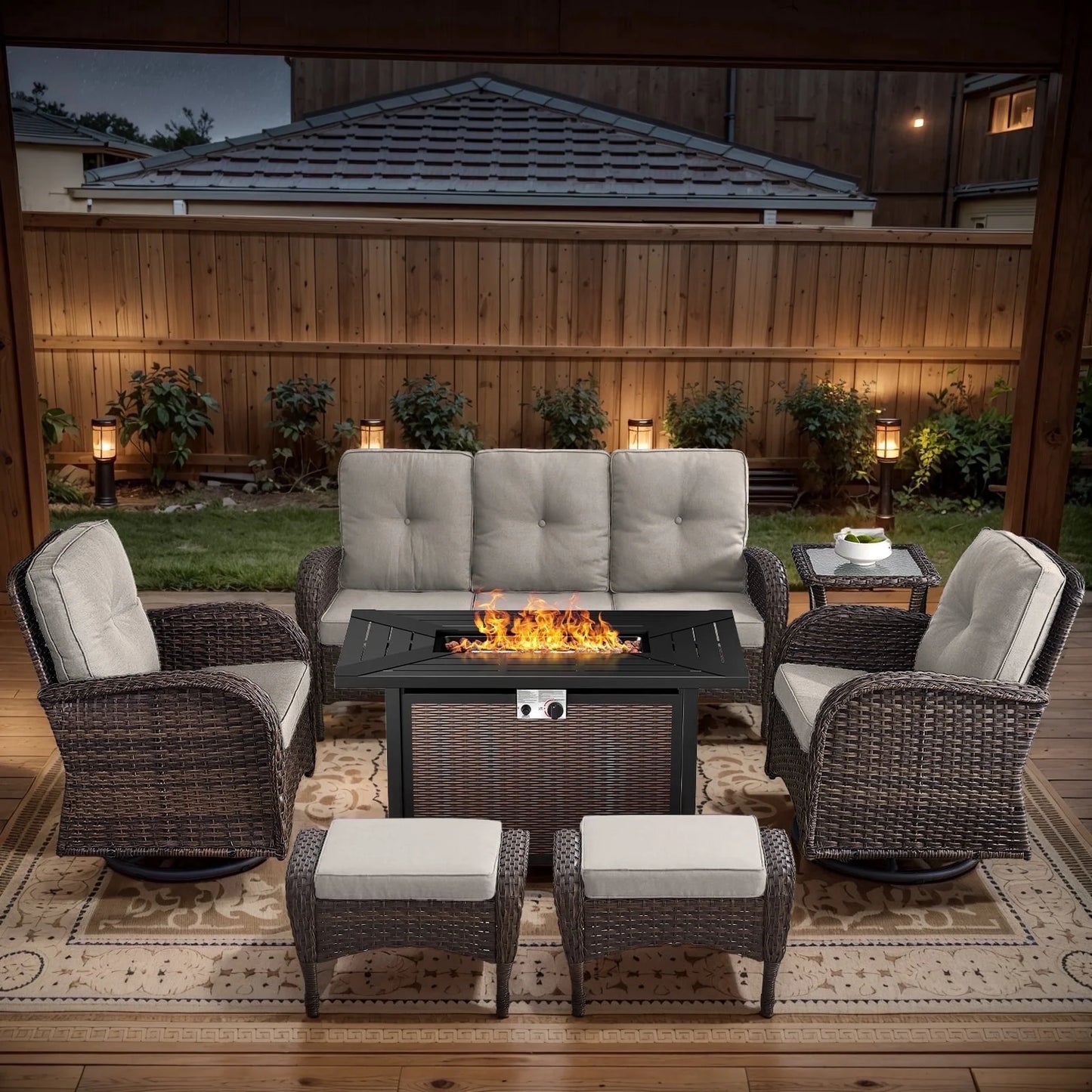 7-Piece Outdoor Patio Furniture Set with Fire Pit Table, Brown Rattan Wicker and Beige Cushions