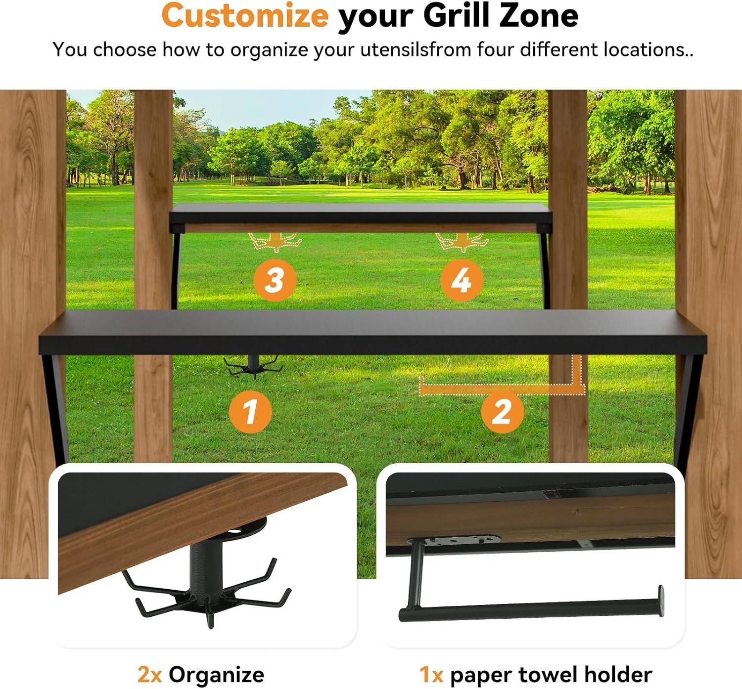 Modern Shade Wood Grill Gazebo 6X8 with USB Charging Power Strip & Shelves | Cedar Wood Gazebo with Galvanized Steel Roof and Paper Towel Holder, Bar Gazebo with Hooks, BBQ Gazebo for Outdoor Grill