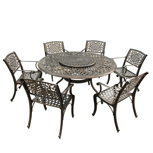 7pc Round Patio Dining Set with Lazy Susan, Six Chairs